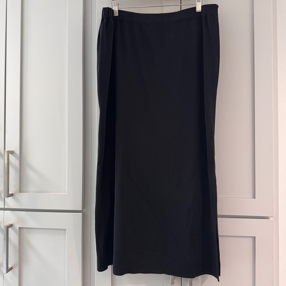 Ming Wang Black Knit Maxi Skirt XL Side Slit Elastic Waist Professional Classic